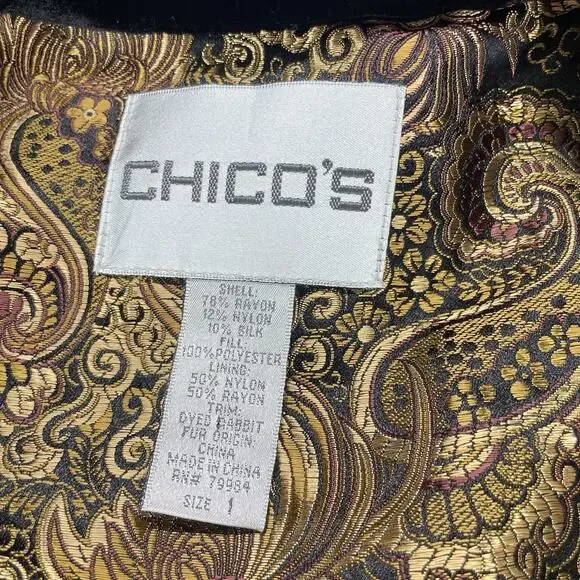 Chico's Black Quilted Velvet Rabbit Fur Trim Vest Womens Sz 1 (M) Brocade Lined - Picture 3 of 8